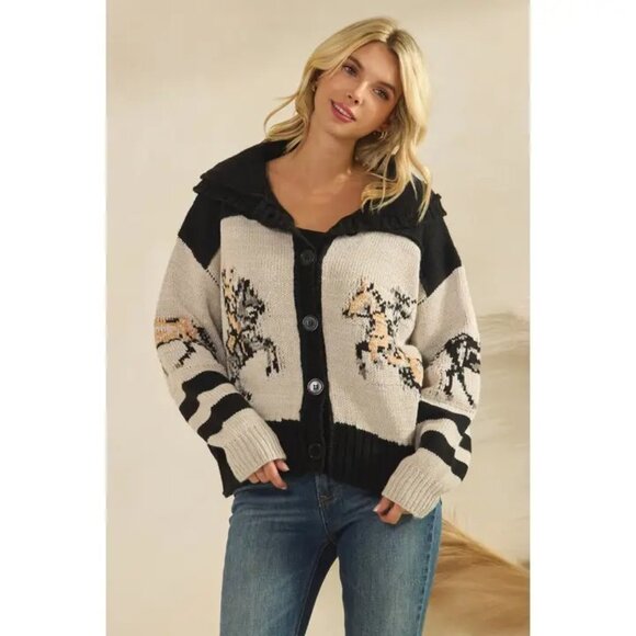 Sweaters - CARDIGAN KNIT SWEATER WITH HORSE M-L left